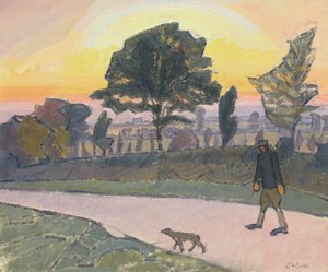 Zonsondergang, Letchworth, met man en hond, 1912